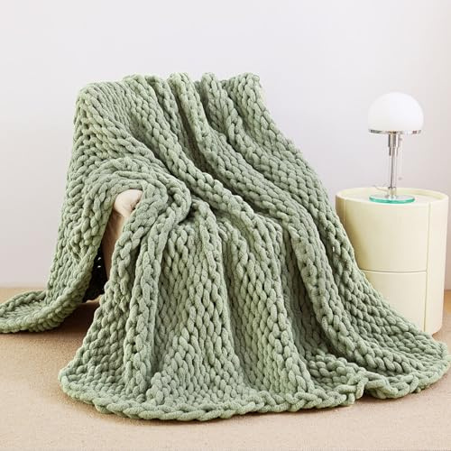 Admitrack Chunky Knit Blanket Throw, 100% Hand Knit Chenille Throw Blanket for Sofa & Home Decor, Soft and Cozy Knitted Throw Blankets (Sage Green，40x50)