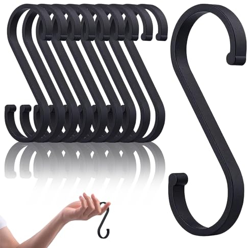 QttvbTna 10 Pcs S Shaped Heavy Duty S Hooks, Metal Hanging Hooks for Bedroom, Bathroom, Kitchen and Office - Black