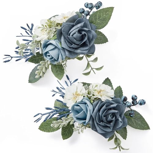 Serwalin 2 Pcs Boutonniere, 6-7 Inch Dusty Blue Corsage for Wedding, Boutonniere for Men Groom and Best Man Prom Ceremony Anniversary Party Suit