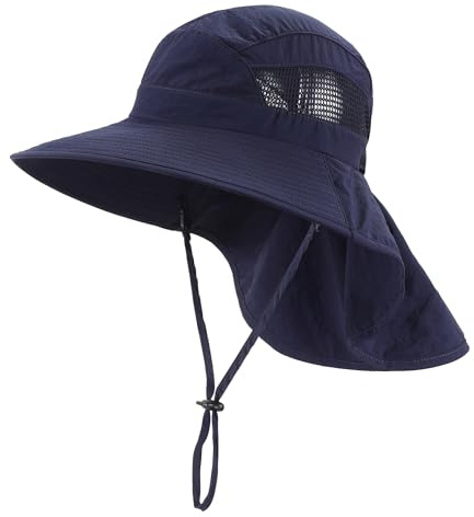 Home Prefer UPF50 Wide Brim Kids Sun Hat Neck Flap Boys Sun Protection Hat Beach Swim Safari Hat Navy Blue Medium