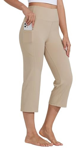 WILLIT Caprihose Damen Yogahose Sporthose Capri Leggings High Waist Hosen Crop gerades Bein Sommerhose Freizeithose Sport Übung Workout 21 mit Taschen Khaki L