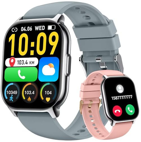 Smartwatch Herren Damen, 2,1 HD Smart Watch Telefonfunktion, Fitnessuhr Pulsuhr 130+ Sportmodi, IP68 Wasserdicht, Sportuhr Herzfrequenz Chlafmonitor Schrittzähler 2 Armband, für Android iOS-Grau