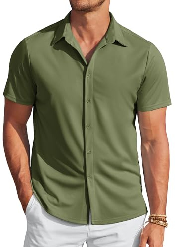 COOFANDY Chemise décontractée à Manches Courtes pour Hommes Non - Iron Casual Chemise Normale pour Hommes Summer Beach Shirt Solid Color Festival Shirt Army Green XL