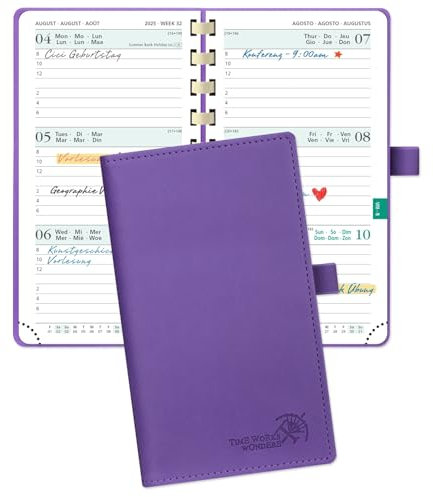 POPRUN Agenda Tascabile Settimanale 2025 2026 16,5 x 9 cm, Spirale Diario Scuola Piccola 17 Mesi da Ago.2025 a Dic.2026, Copertina Morbida in Pelle Vegana, Carta Spessa da 80 GSM, Viola