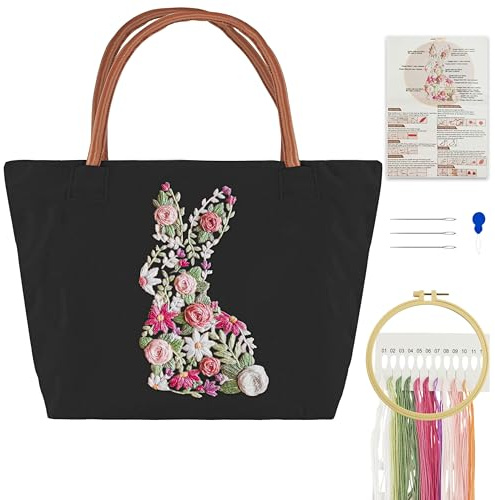 Turmaster Kit de Broderie Adulte avec Sac fourre-tout en toile, Kit de Broderie Adulte Débutant avec Motif Lapin, Cerceau de Broderie,Enfile Fil，Aiguille Et Outils de Broderie DIY,Noir