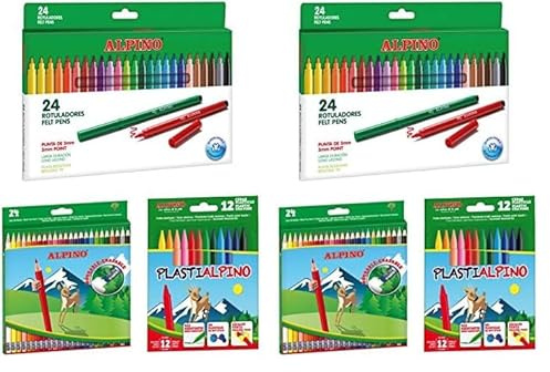 Alpino escolar pack: 24 lápices de colores borrables + 24 rotuladores + estuche con 12 ceras (Paquete de 2)