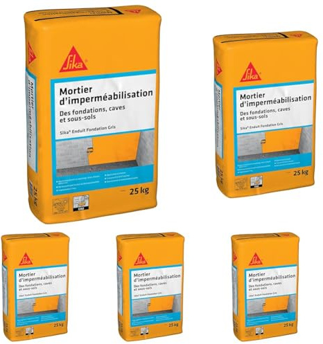 SIKA - Enduit fondation mortier d'imperméabilisation de caves/sous-sol - Sika Enduit Fondation Gris - Imperméable à l'eau - Durcissement rapide - Esthétique 25kg (Lot de 5)