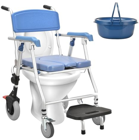 Sedia da Doccia per Anziani con Cornice del Braccio poggiapiedi sollevato, commedi al Letto con Ruote, Sedia da commodo con Sedile Imbottita, Toilette per la Sedia da commodo, sedie a rotelle della