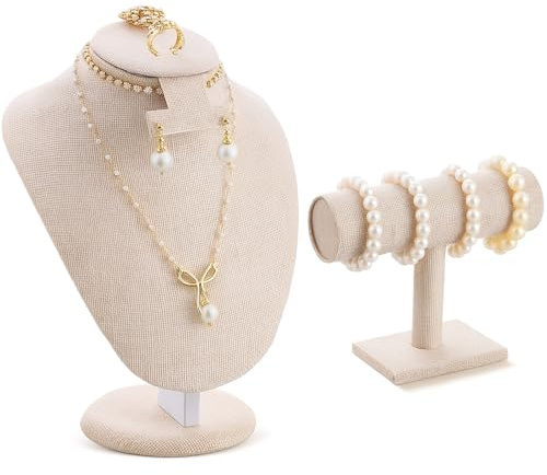 RattanView 2 Pcs Jewelry Display Set Necklace Mannequin Bust T Bar Bracelet Holder for Earring Necklace Ring Display