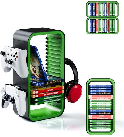 Tideal - Universal Games Storage Tower Pro - Bis zu 18 Spiele - Mit Controller Halterung für bis zu 4 Gamepads - Gaming Zubehör für PS5, PS4, PS3, Xbox X/S/One, Switch, Switch OLED, Blue Ray, DVD