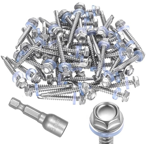 50pcs Self-Drilling Roofing Screws M4.8 x38mm, Stainless Steel 401 Hex Head Screws with Washer, Metal Roof Screws with Sealing Washer, Self-Tapping Sheet Metal Screws + 8mm Socket