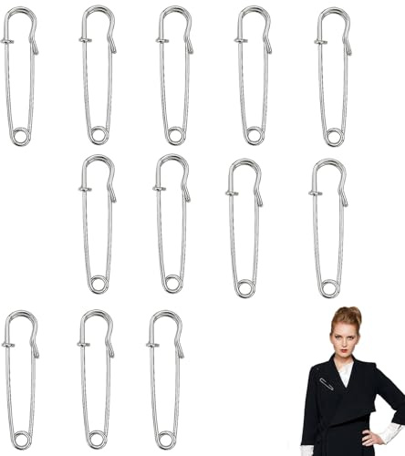 12 PCS Large Safety Pins, Safety Pins for Clothes, Kilt Pin, for Laundry Bags, Blankets, Curtains, Jewellery, Crafts, Costume, Dressmaking, Sewing(Silver 65mm)