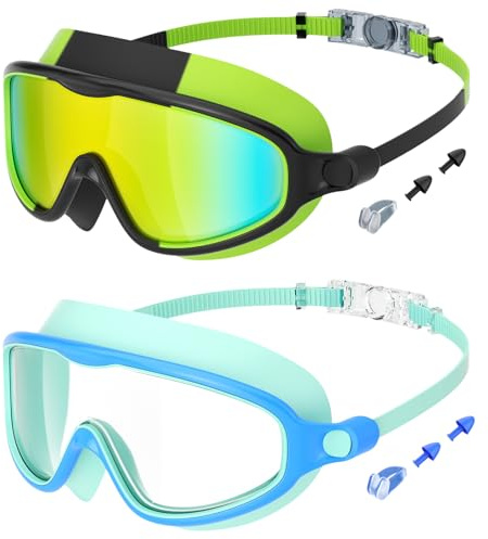 LadJarr 2 Pack Kids Swimming Goggles Wide Vision Swim Goggles with Ear Plugs Nose Clip Anti Fog UV Protection No Leakage Clear Vision for Children Early Teens