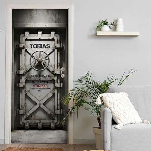 Türtapete selbstklebend | personalisiert mit Namen | 200 x 90 cm Bunker Stahltür Industrial | Tür Aufkleber Poster Türfolie | Einteilig | Wasserfest 3D Türaufkleber Wandtattoo Türposter Teenager