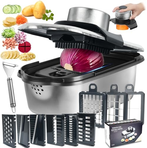 Ecopandy Dicer Smart Tagliaverdure 9 in 1, in acciaio inox, set da 11 pezzi, affettatrice a julienne e cubi per cetrioli, cipolle, patate, frutta, fette, strisce (modelli)