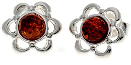 Pendientes de tuerca de plata de ley 925 con diseño de flores clásicas de ámbar báltico – 8013, Plata de ley, Ámbar