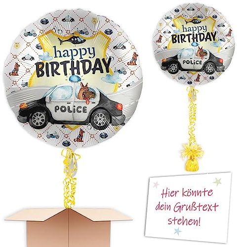 Polizei Heliumballon mit Heliumfüllung, Schmuckbänder, Ballongewicht, Karte u. Wunschtext als Kindergeburtstag Deko mit Wunschöffnungsdatum an Wunschadresse senden