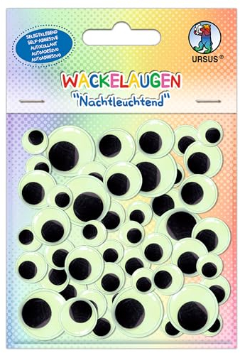 Ursus 8530003 - Wackelaugen Nachtleuchtend, selbstklebende Bastelaugen mit Leuchteffekt in 4 Größen (Ø 10 - 20 mm), 52 Stück