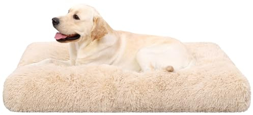 KSIIA Dog Crate Bed Washable Dog Beds for Large Dogs Deluxe Plush Fluffy Comfy Thick Kennel Pad Anti-Slip & Anti-Scratch Pet Sleeping Mat, 35 x 23 Inch, Camel