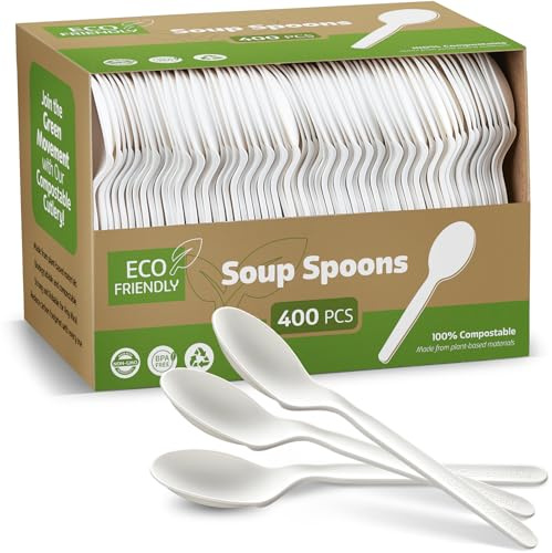 Elegant Disposables 100% Compostable PLA Spoons Bulk Pack 400 Pcs Biodegradable Disposable Plastic Cutlery Utensils
