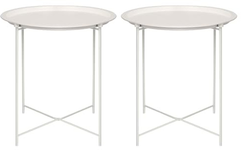 Harbour Housewares Round Tray Tables with Removable Trays - Pack of 2 - Matte White Steel Bed Side Table Raised Lip Serving Board Compact Collapsible Folding Table for Bedroom, Home and Office