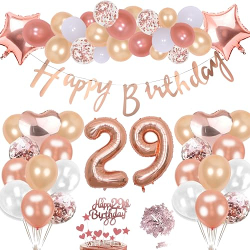 29 Cumpleaños Decoración Oro Rosa Kit Para Niña, Inflables Estrellas Corazón Numeros Gigantes Helio Globos Feliz Cumpleaños Decoración de la Torta Confeti Mesa Regalo Para 29 Años Mujer Hombre Fiesta