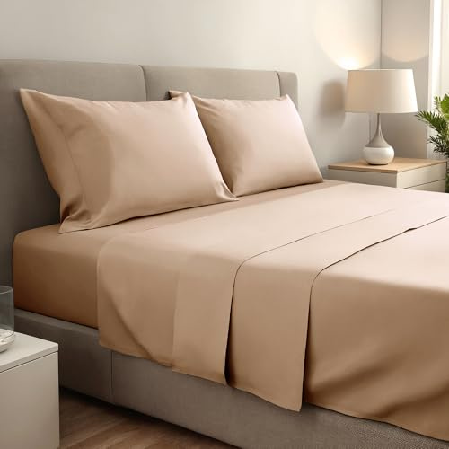 Juego de Sábanas 4 Piezas 180x190/200. Sábanas de Cama de Poliéster Microfibra cepillada. Sábana Plana, Sabana Bajera Ajustable y 2 Fundas de Almohada. Color Beige.