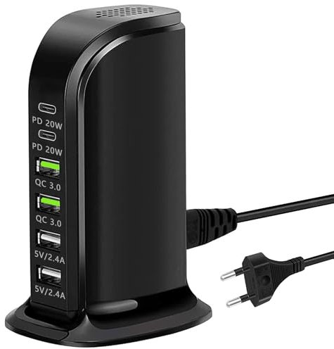 Chargeur USB multiple, chargeur rapide C 65 W avec PD 20 W et QC3.0, station de charge multi-ports, 6 ports, compatible avec iPhone/Samsung/Xiaomi et autres appareils (noir)