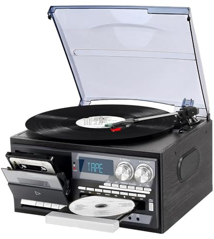 Giradischi vintage con Bluetooth, altoparlanti integrati, lettore CD e cassette, giradischi in vinile meno rumore per intrattenimento, copertura antipolvere satinata inclusa