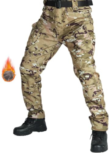 WINKEEY Pantaloni da Lavoro Uomo, Pantaloni Tuta, Pantaloni Invernal Uomo, Pantaloni con 8 Tasche, Pantaloni Tinta Unita e mimetici,Fleece Camouflage 1 L