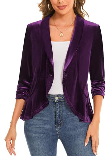 MINTLIMIT Cárdigan informal de terciopelo para mujer, con cuello de solapa, chaquetas de manga 3/4, dobladillo con volantes, cárdigan sin forro, abrigo con volantes, parte delantera abierta, ropa