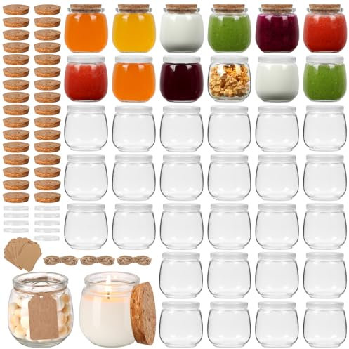 STARSIDE 40 Pack 7 oz Glass Yogurt Jars with Cork Lids and PE Lids,Small Glass Candles Jars,Honey Pudding Jars with PE Lids for Wedding Favor