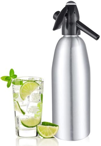 Portable Soda Maker, 1L Sparkling Water Maker Aluminum Soda Siphon, Soda Machine for Homemade Seltzer, Cocktails, Fizzy Drinks, Mojitos, Home & Bar Use, NO CO2 Cylinders Included (Silver)