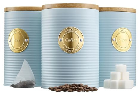 Cooks Professional 3 Piece Ribbed Tea, Coffee, & Sugar Cannisters with Air-Tight Bamboo Lids | Stainless Steel Kitchen Storage Bin Set | Modern & Stylish | Blue & Gold