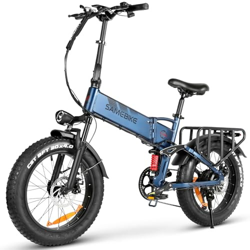 SAMEBIKE-Bike Pieghevole con Pneumatici Fat, 20×4.0 Pollici - Bici Elettrica da Trekking Uomo/Donna Batteria 15Ah, Motore 250W, 25km/h, Autonomia 85km, 7 Velocità, Freni a Disco Doppi (blue)