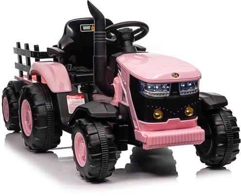 Garvee 12V Tracteur Électrique Enfant avec Remorque Amovible, Voiture Électrique 35W Moteur Double, Musique & MP3, Télécommande, LED, 3 Vitesses, Véhicule Électrique pour Enfants 3 an+ (Rose)