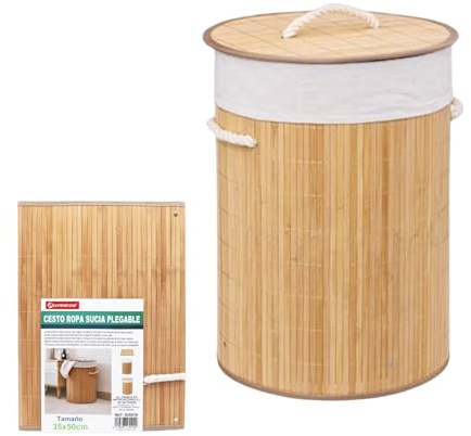 Cesto para Ropa Sucia de Bambú | con Tapa | Diseño plegable y Asas Laterales | Fácil Transporte | Bolsa Extraíble y Lavable | Ideal para Mantener el Hogar Organizado | Redondo 50cm-35cm