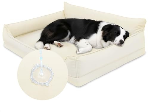 Favodormir Orthopädisches Hundebett-91x68 cm,Beige Wasserdicht Kunstleder Hundekorb für Mittelgroße,Leicht zu Reinigen,Waschbar Hundesofa mit Rutschfester Boden, Rundum Erhöhter Rand Hundekissen