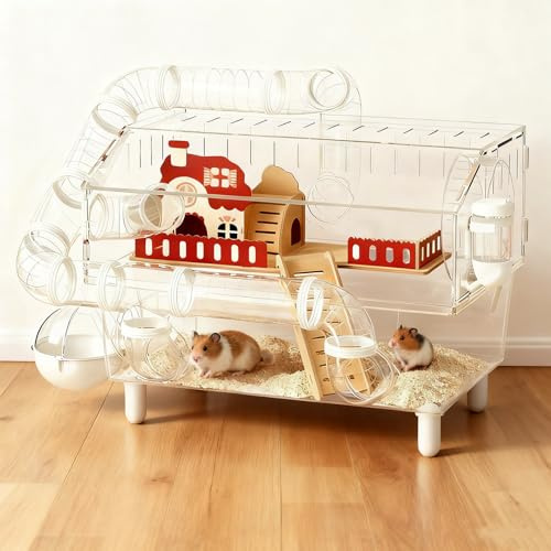 Luxury Tunnel Hamster Cage, 2-Layer Acrylic Rat Cage, DIY Hamster House with Complete Accessories, Garden Style, 360° Full Transparent View, for Gerbils, Dwarf Hamster, Pet Mice