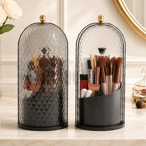 FAVORTALK Makeup Brush Holder with Lid 360 Rotating Makeup Brush Organiser Multifunction Clear Dustproof Skincare Cosmetic Tools Storage Organizer for Vanity Desktop Bathroom Countertop (Black)