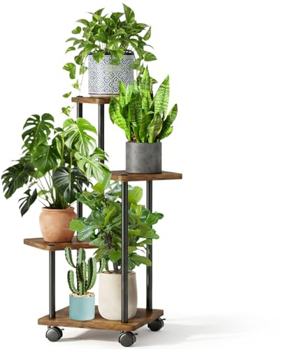 Cyiecweu Blomställ med hjul, 4 våningar, växtstativ av metall och trä, platsbesparande inomhus växthylla, modern blomhylla, blompall för vardagsrum sovrum hylla, naturlig träfärg