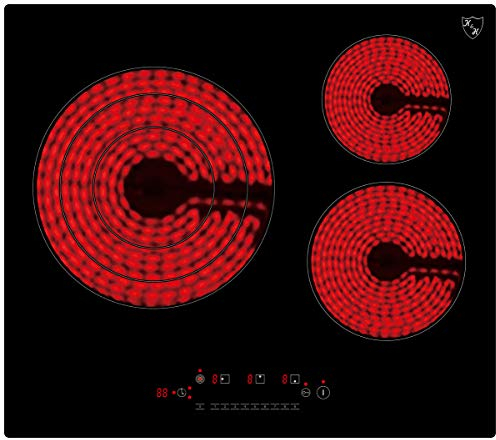 K&H Glaskeramikkochfeld NC-6605 [3 ZONEN] - Herdplatte 3 Kochfelder - Kochfeld 3 Platten Autark - Kochplatten 3er - Starkstrom-Anschluss - Kein Stecker Enthalten - 59CM 6600 Watt - 9 Leistungsstufen
