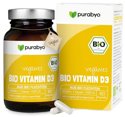 Bio Vitamin D3 Kapseln vegan | Bio Vitamin D3 vegan | aus Flechtenextrakt aus kontrolliert-biologischem Anbau | im Glas | 1 Kapsel = 25 µg = 1000 I.E. | 2-Monatsversorgung | laborgeprüft