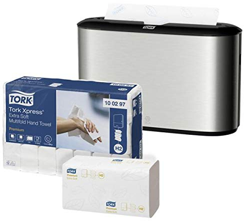 Tork Xpress Spender inkl. Papierhandtücher | Tischspender inkl. Multifold Handtücher Universal | Tischspender-Edelstahl | 21 Bündel à 100 Tücher