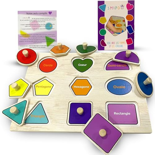 Montessori träpussel geometrisk form, inlärningsformer och färger, finmotorik, baby leksak pojke flicka 12 månader, 1,2,3,4 år, pedagogiskt spel, franska ord, gåva