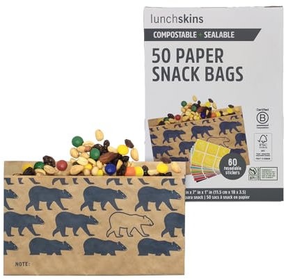 Lunchskins Compostable Food Storage Snack Bags, Bear Design, 50 Bags - Eco-Friendly, Recyclable, Made Without PFAS and BPA