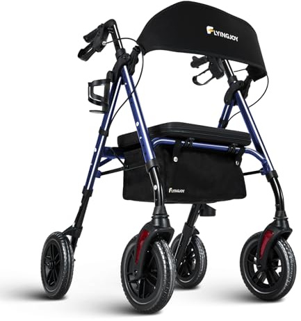 Lightweight Rollator Walker with Seat & Backrest - Foldable Mobility Aid for Seniors, 8 Large Airless Tires, Adjustable Height, Brake,Storage Bag,300 lbs Capacity, 4 Wheel Rolling Walkers for Adults
