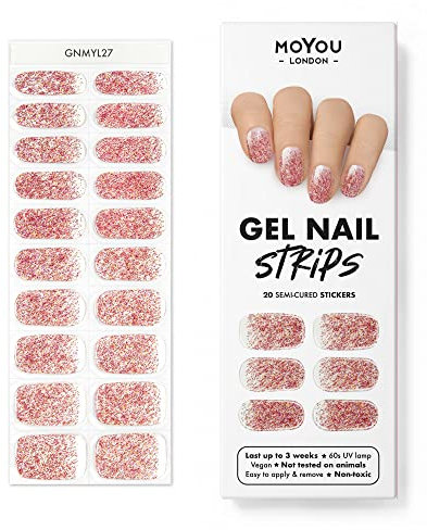 MOYOU LONDON Semi Cured Gel Nail Strips - 20 Pcs. Waterproof Gel Nail Wraps, Cures in Sunlight or UV/LED Lamp, Lasts Up to 2+ Weeks, Stretchable, Easy to Apply & Remove, Vegan & Cruelty-Free