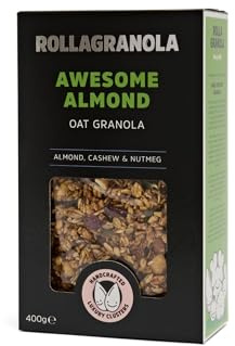 Rollagranola - Awesome Almond Oat Granola 400g Pack. 100% Natural, Made With Gluten Free Oats. Suitable For A Vegan Diet With No Added Sugar. Handcrafted In The UK- 1x400g Pack