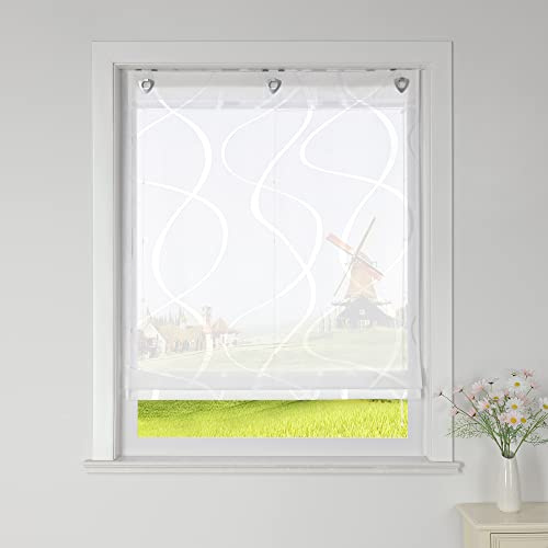 CORLIF Raffrollo Ausbrenner Gardinen Küchen Raffgardinen Landhaus Transparente Ösenrollo mit Wellenmuster Kurzvorhang Modern Rollos mit Ösen Weiß BxH 140x140 cm 1 Stück